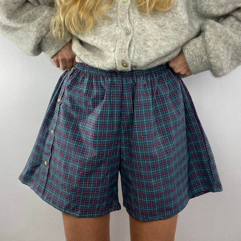 Shorts de lounge feminino casual elástico de cintura alta, shorts de botão lateral, xadrez listrado estampado, calça vintage retrô, solta, Y2K
