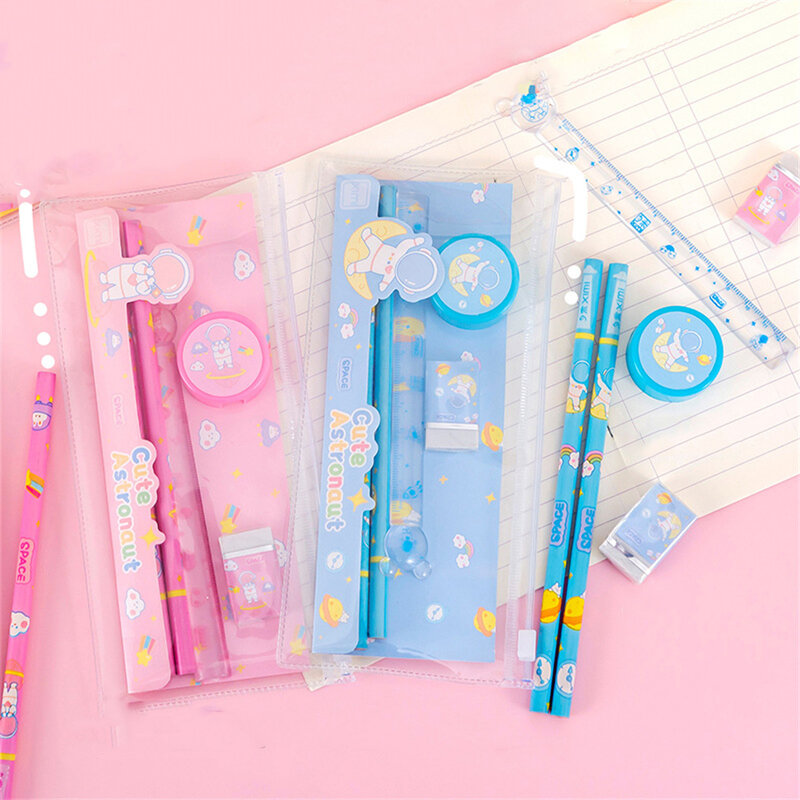 5pcs/Set Stationery Set Student Cartoon Astronaut Pattern Transparent Pencil Case Pencil Ruler School Supplies Boys Girls Gifts