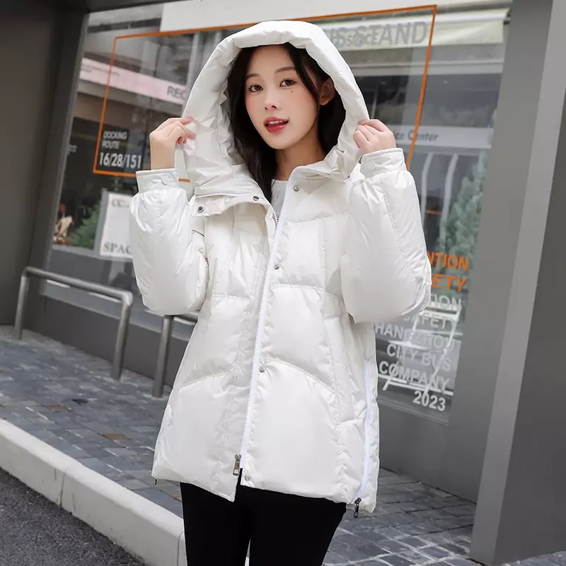 女性の白いダックダウンショートパーカージャケット、厚手の暖かいパフコート、新しいファッション、アウターウェア、冬、2023
