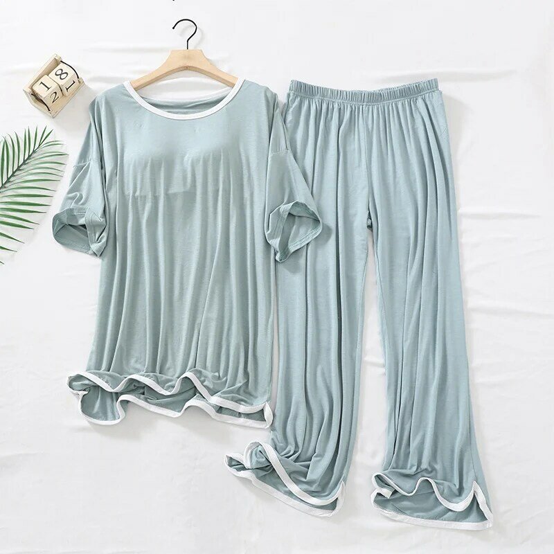 Summer New Modal Pajamas With Chest Pads For Women Casual V-Neck Thin Loose Home Sleepwear Short Sleeved Pants 2Pcs Nightgown