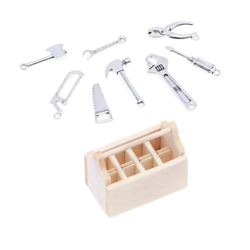 Doll House Toolbox Toys Micro Landscape with 8Pcs Metal Tools Miniature Tool Box for Garage Bedroom Garden Warehouse Supplies