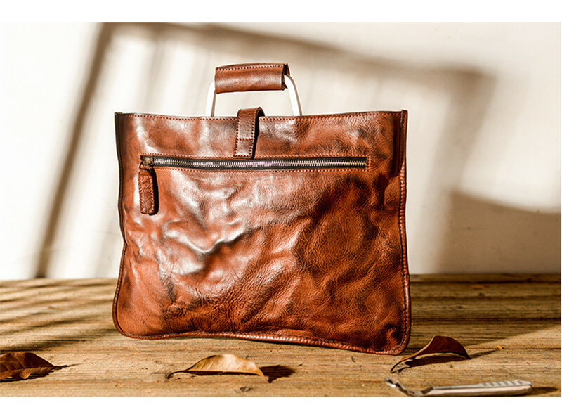 Fashion vintage handmade genuine leather men's women's briefcase handbags business natural real cowhide laptop messenger bag