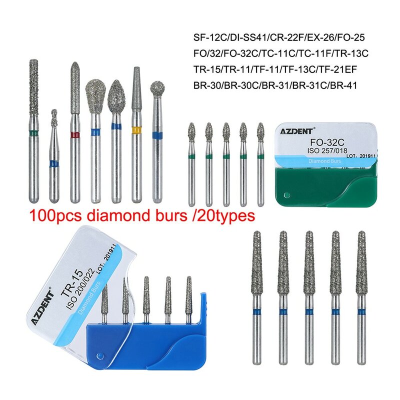 AZDENT 100pcs/20Boxes Dental Diamond Burs Drill for Teeth Porcelain Ceramics Composite Polishing Burs For High Speed Handpiece