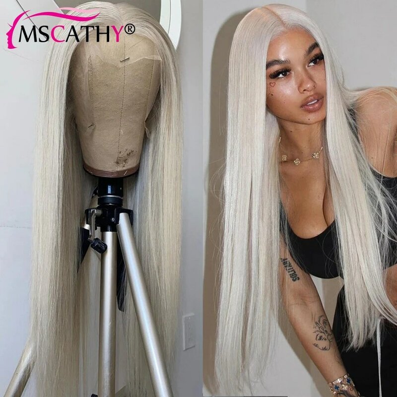 Mscathy-女性のためのブラジルのバージン人間の髪の毛のかつら、ストレートレースのフロントウィッグ、白いブロンド、13x4x1