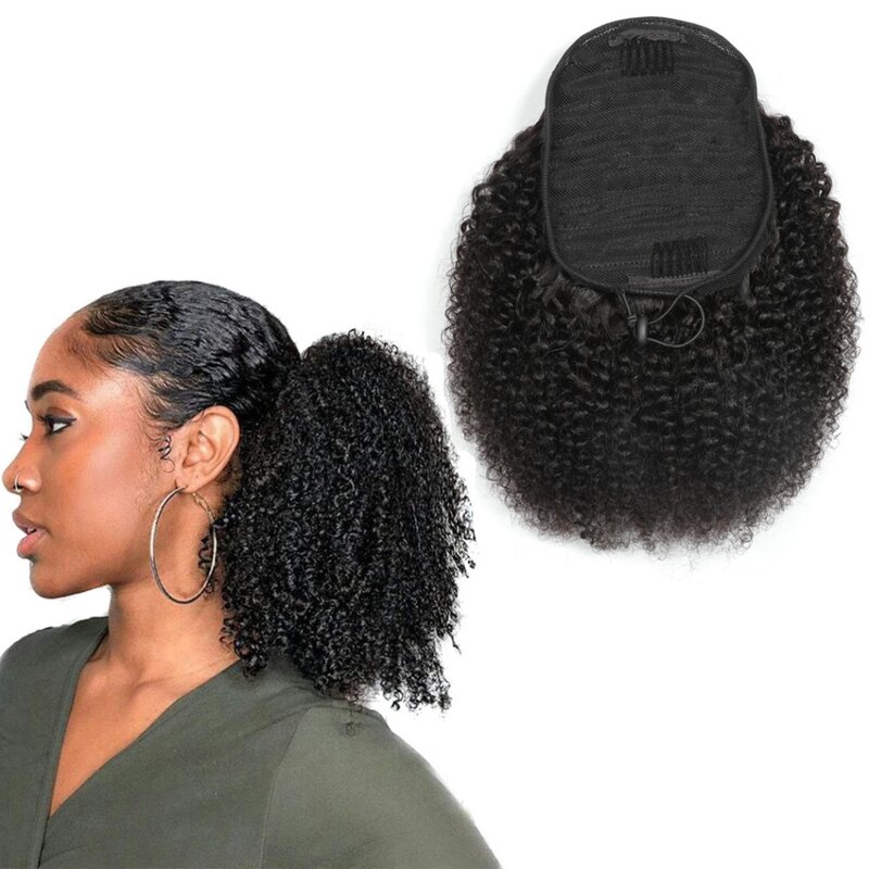 Afro Kinky Curly Human Hair Ponytail Drawstring Wome's Peruvian Remy Human Hair Clip in Ponytail Extension Natural Black Brown