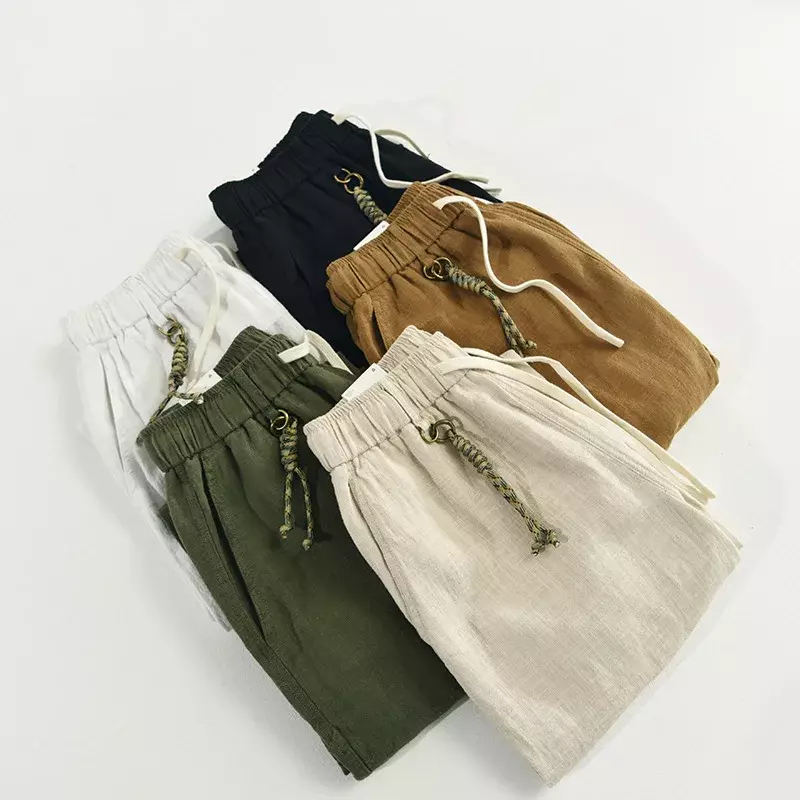 Pantalones Cargo de lino y algodón para hombre, ropa informal con cordón y cintura elástica, estilo Retro japonés, novedad de verano