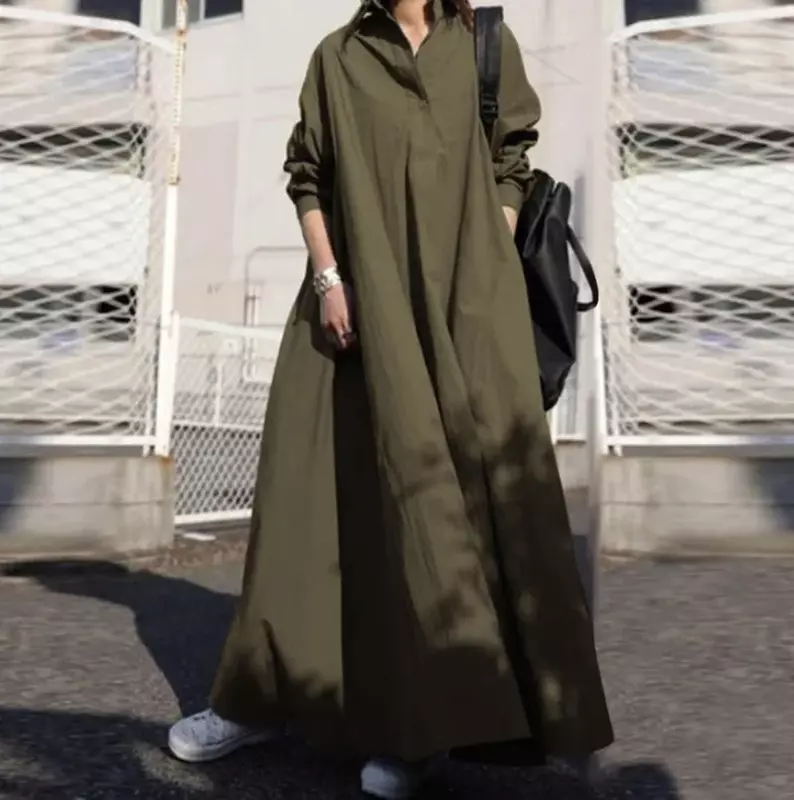 Vestido holgado Retro de manga larga para mujer, falda de Color sólido con cuello abatible, YBF10-3, novedad de 2024