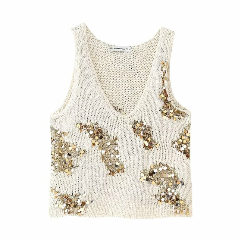 Women's 2024 New Fashion Sequin Decoration Casual Short Knitted Vest Top Retro V Neck Sleeveless Women's Tank Top Chic Top