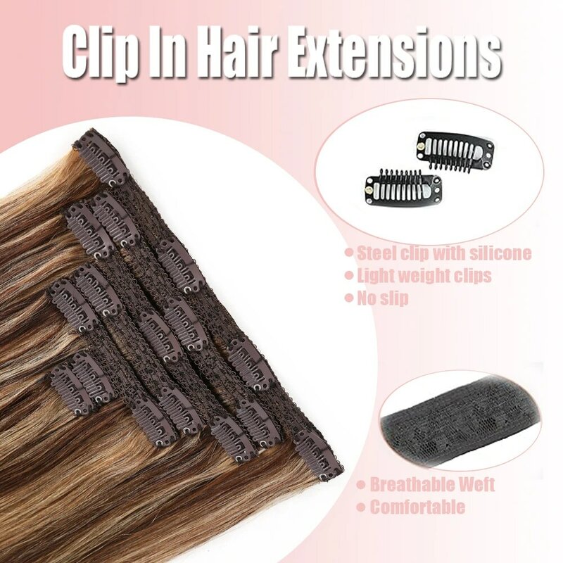 Extensions de cheveux humains droites à clipser sans couture, cheveux artificiels, 100% cheveux humains