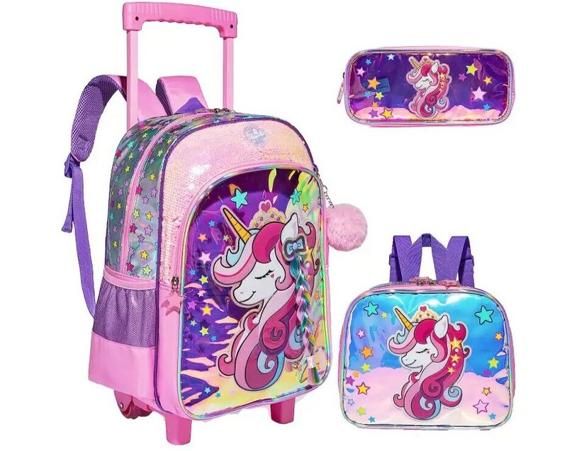 Juego de mochila escolar con ruedas para niños, bolsa de almuerzo, bolsa para bolígrafos, mochila rodante para niños, 3 piezas por juego