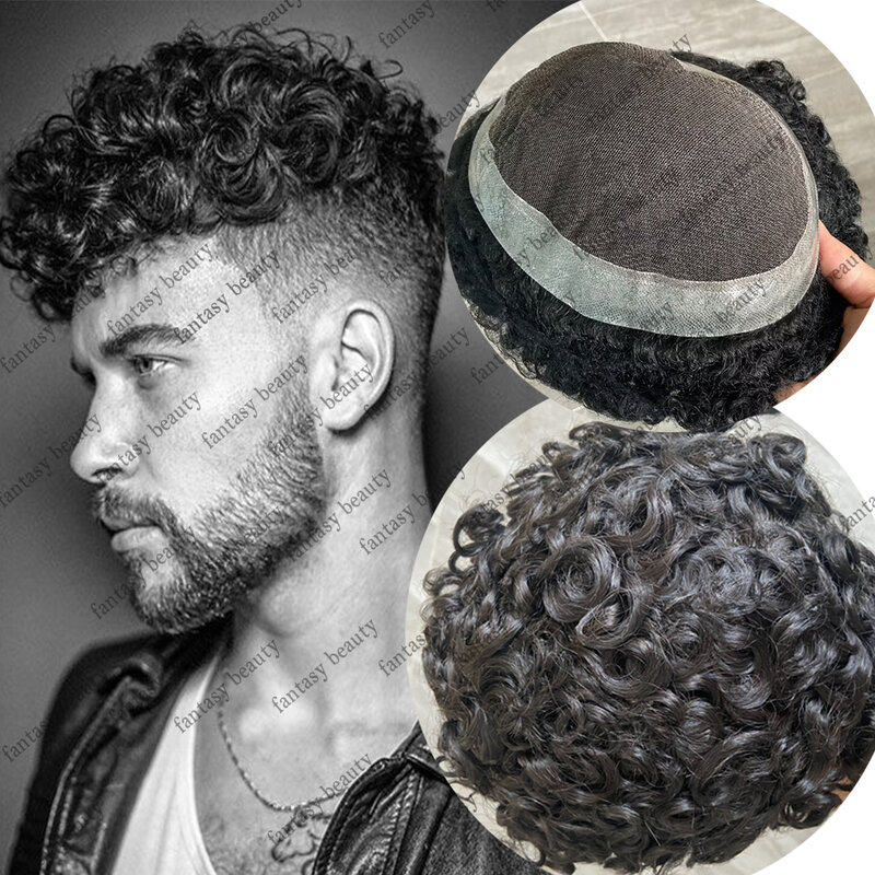 Breathable Mens Toupee 20mm Curly Hairpiece Human Hair Replacement System Prosthesis Swiss Lace with PU Silicone