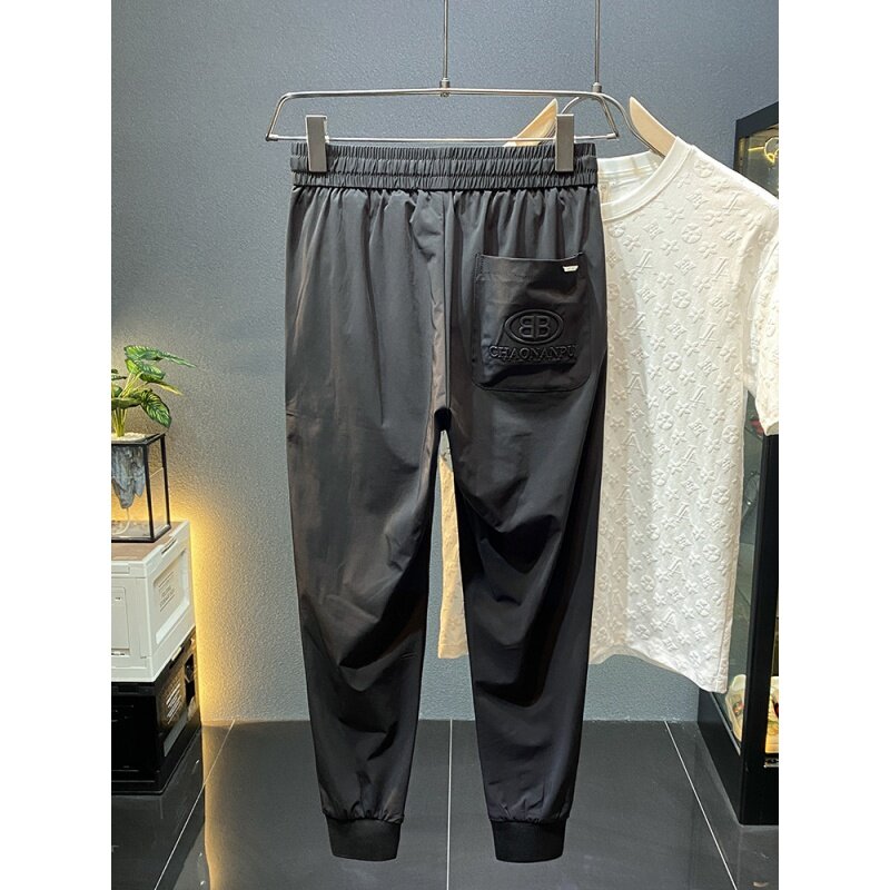 2024 Summer New Thin Ice Silk Quick-Drying Pants Men's Light Luxury Ankle Banded Slacks Slim-Fitting Long Pants