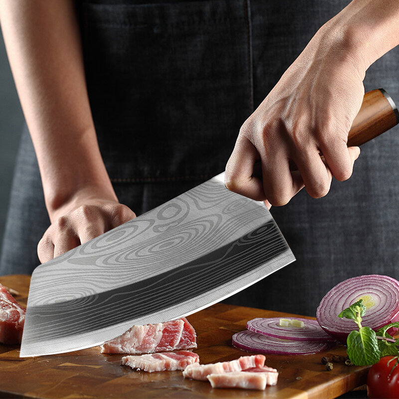 Faca de cozinha cutelo faca do chef aço inoxidável navalha afiada cortar carne faca de açougueiro chinês punho madeira