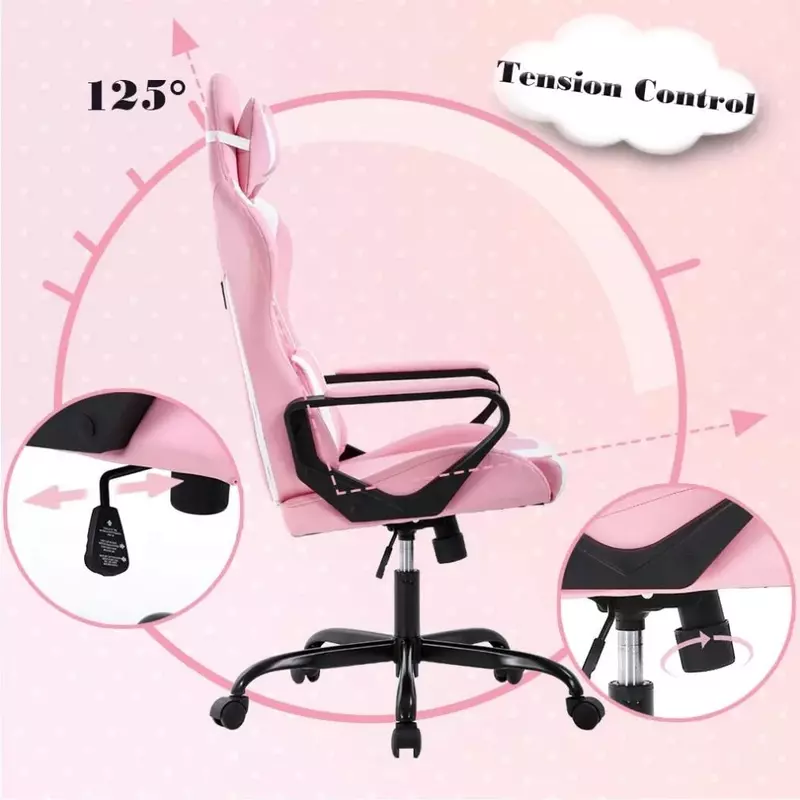 Krzesła do gier krzesła biurowe krzesło biurowe ergonomiczne obrotowe krzesło do pracy na komputerze z stabilizator lędźwiowy, różowe