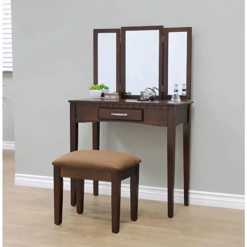 Dresser set home 3-piece set with vanity mirror and stool with drawers, mahogany
