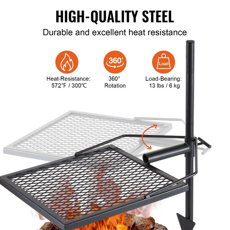 Swivel Campfire Grill 16" x 16" Heavy Duty Steel Open Fire Cooking Grate Adjustable