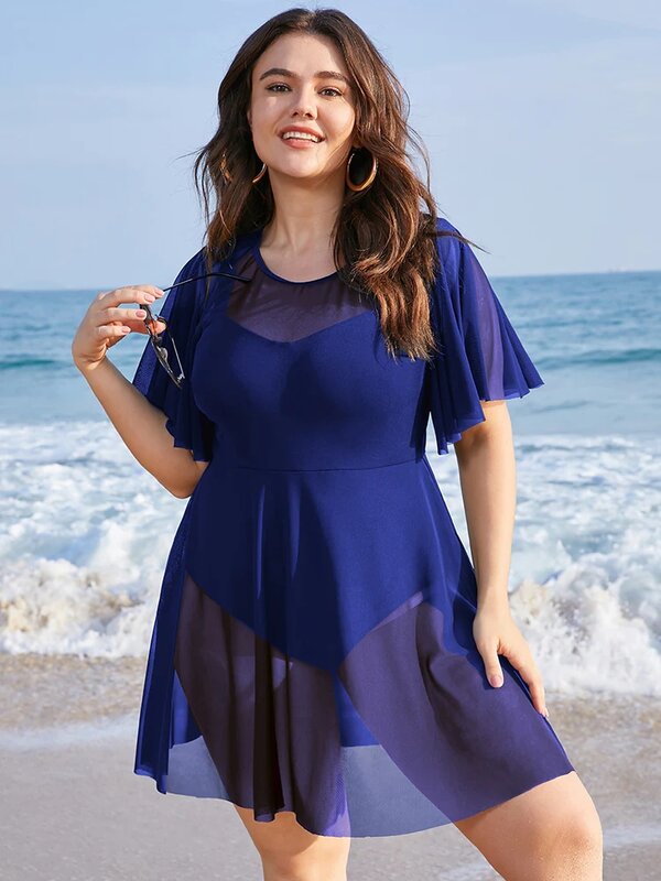 Plus Size Womens Swimwear Solid Mesh Patchwork Ruffle Sleeve Swim Dress One Piece Chubby Swimsuit Cover Up Beach Bathing Suit