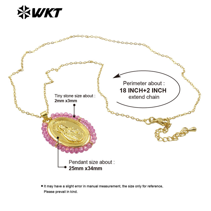 WT-MN989 여성용 수제 크리스탈 와이어 포장 타원형 모양 목걸이, 18K 금 도금, 용수철 기적 메달