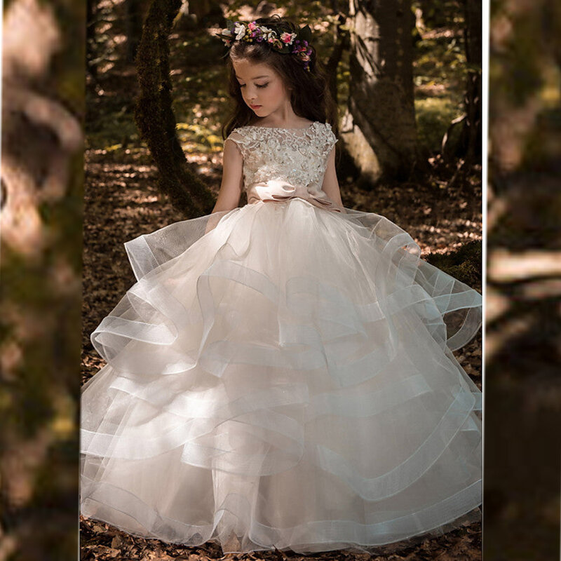 Ärmellose Applikationen Spitze Blumen mädchen Kleid geschwollene Tüll Prinzessin Erstkommunion A-Linie Bogen Geburtstags feier Kleid für Kinder