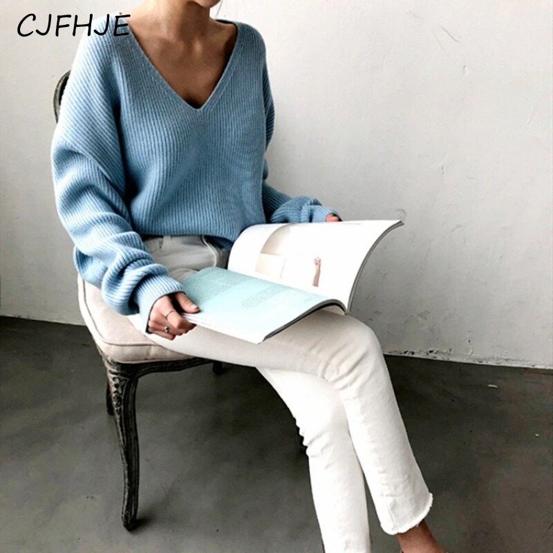 CJFHJE 여성용 V넥 스웨터, 긴팔 상의, 패셔너블한 한국 뜨게 캐주얼, 단색 레트로 니트 스웨터, 가을 겨울 신상