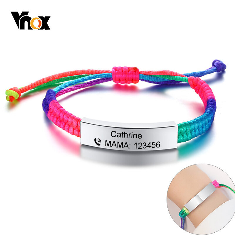 Vnox regolabile personalizza nome braccialetti a contatto di emergenza per bambini Baby Handmade intrecciato arcobaleno colorato corda ragazze ragazzo braccialetto