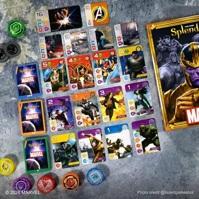 Splendor Marvel บอร์ดเกมแนะนำผู้เล่นหลายคนกลยุทธ์การเล่นการ์ดเกมการเล่นบทบาทการรวบรวมพล็อตเกม