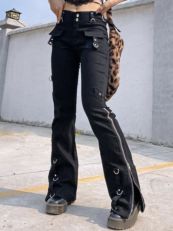 Женские джинсы Yangelo Dark, черные штаны в стиле гранж, с низкой талией, в готическом стиле, с пэчворком, уличная одежда