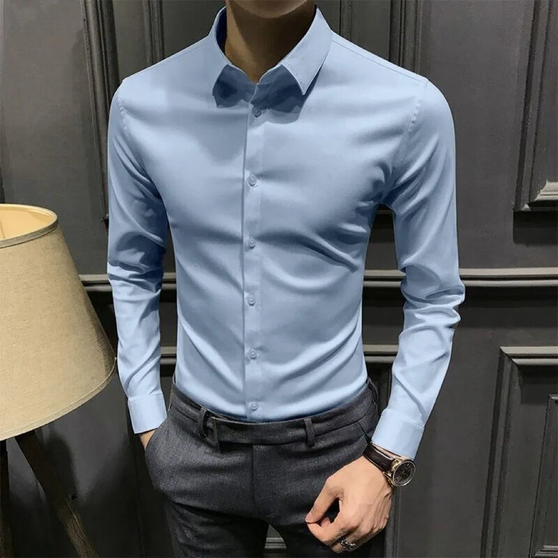 Рубашка мужская однотонная с длинным рукавом, деловой Повседневный однотонный топ, приталенная модная одежда, весна-осень