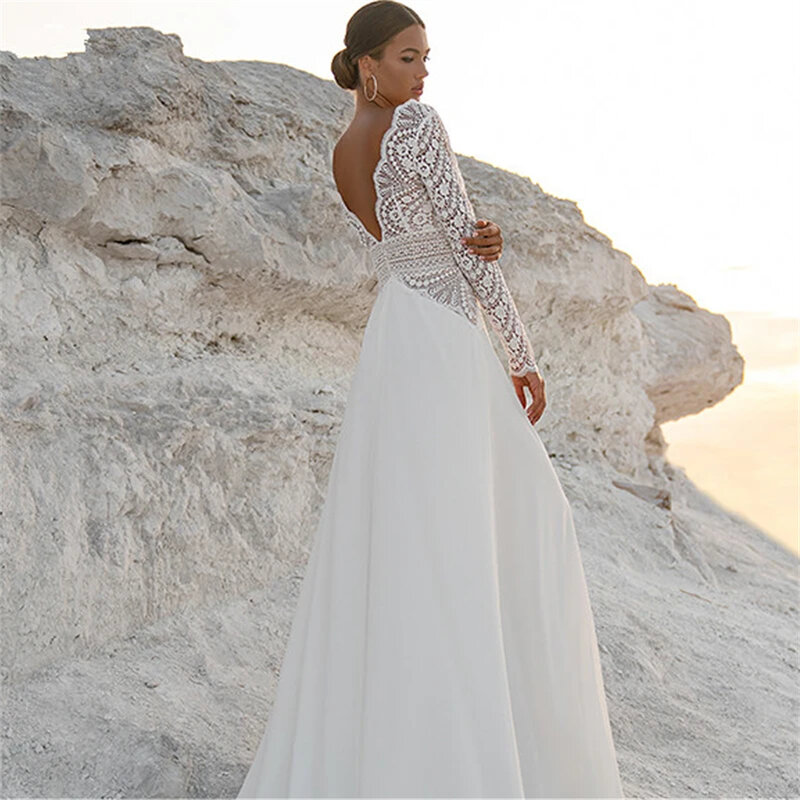Elegant Lace Satin Backless A-line Illusion Appliques Full Sleeves Wedding Dresses 2024 Court Train Evening Dress Bridal Gown