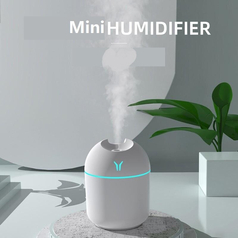 ミニ家庭用空気加湿器,カラーLEDライト付きサイレント超音波オイルディフューザー,250ml