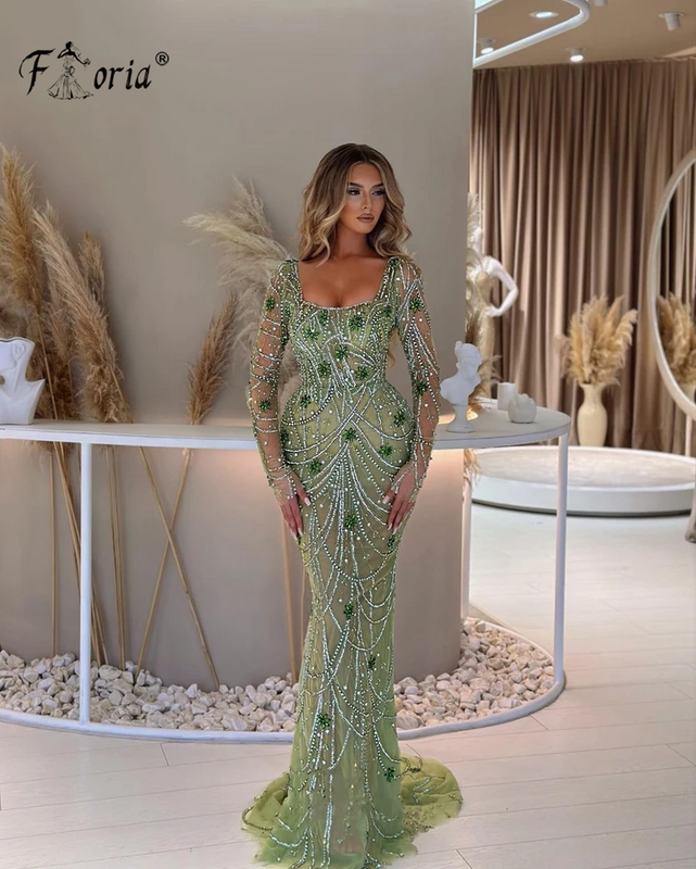 Elegant Crystal Beaded Mermaid Formal Party Dress Green Tassel Long Sleeves Evening Gown Delicate Rhinestones Prom Dresses Robe
