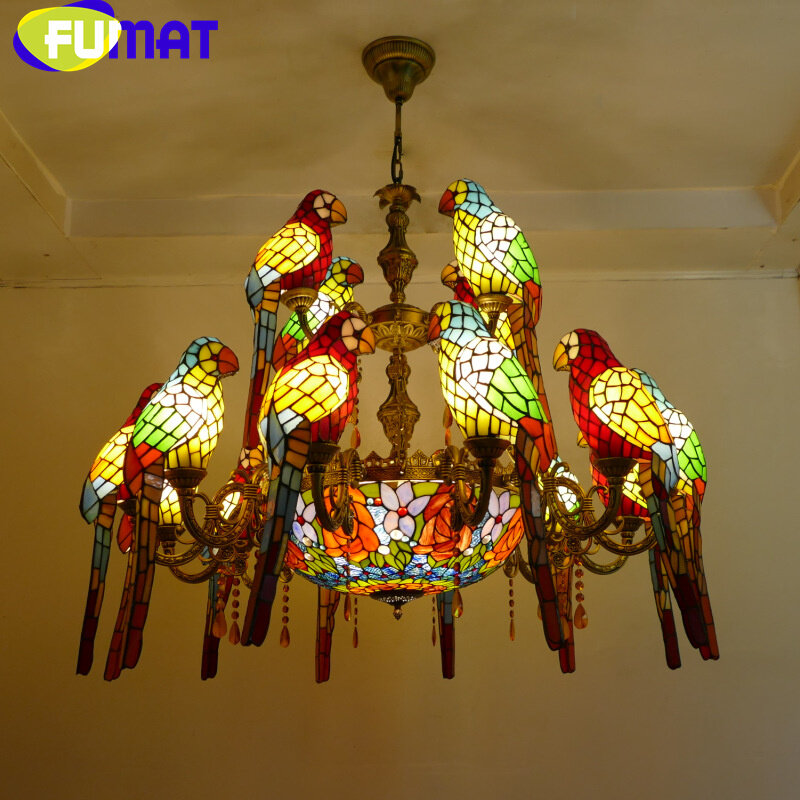 FUMAT-lâmpada pingente de papagaio rosa vintage, estilo Tiffany, vidro colorido, sala de jantar, hotel, villa, decoração LED, americano
