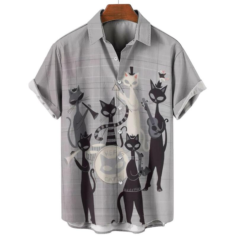 Мужская гавайская рубашка с коротким рукавом, голубая Классическая гавайская рубашка с 3D-принтом кота в гавайском стиле, лето 2024