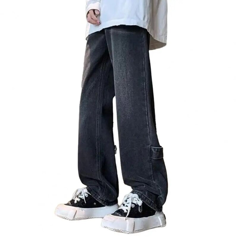 Jeans de perna larga Vintage masculino com decoração com zíper, bolsos de cor sólida, calças compridas, streetwear