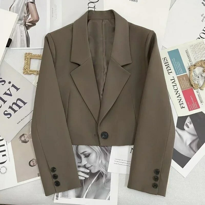 Koreanische Mode kurz geschnittene Blazer Jacke Frauen Langarm Büro Damen Streetwear einfarbig Ein knopf Kurz anzug Mantel neu