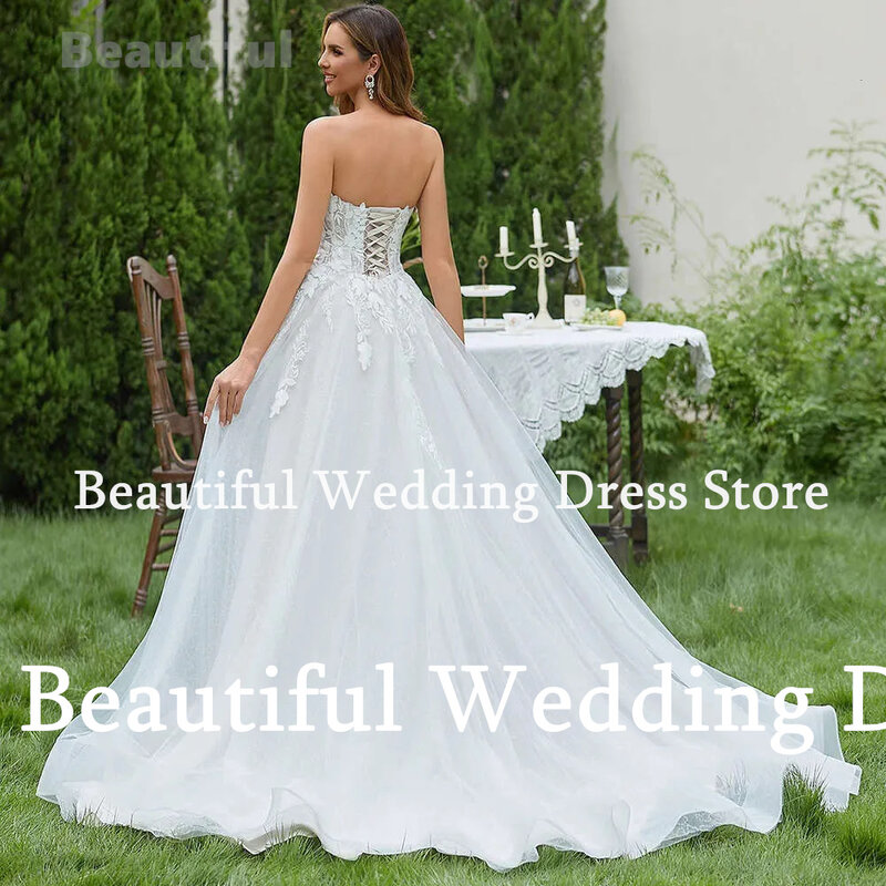 Vestido de novia blanco sin tirantes para mujer, traje de tul con apliques de flores, línea A, 2024