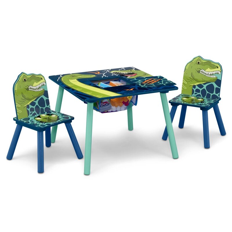 Set tavolo e sedia dinosauro per bambini Delta con contenitore (2 sedie incluse), blu/verde