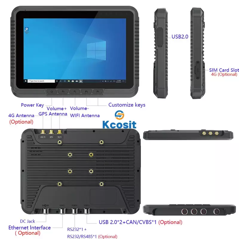 Kcosit K180J 차량 장착형 태블릿 PC, 윈도우 10, 8 인치 인텔 재스퍼 레이크 N5100, CAN 버스, RS232, RJ45, 5.8G, 와이파이, 넓은 전압