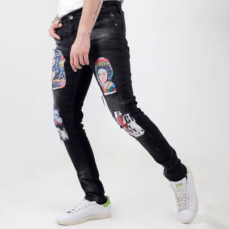 Trendy Men Make Old Washed Printed Pattern Jeans Street Sports Look Thin Design Small Feet Pants Micro Elastic Casual Trousers