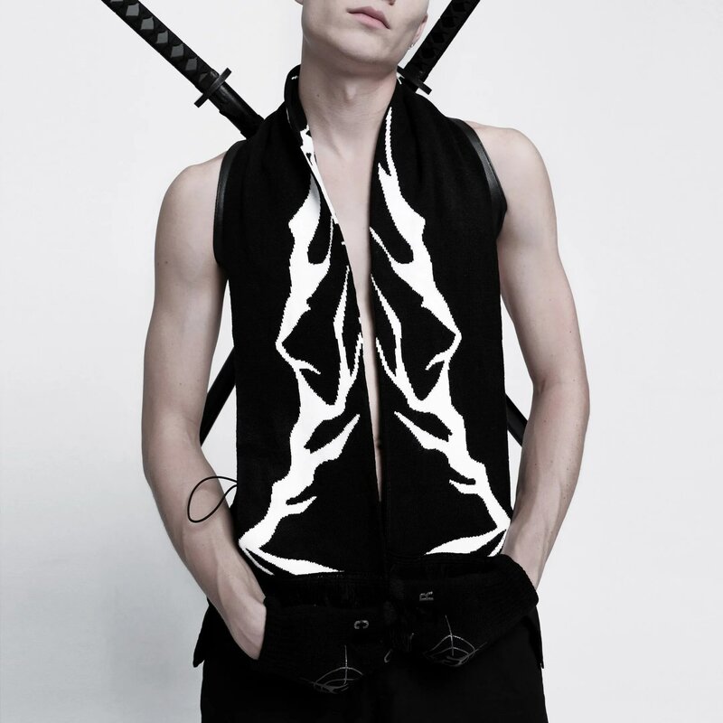 Mode créatif Goth rayé samouraï épée tricoté femmes écharpe hommes hiver écharpe tablier noir gland lumineux Y2K Kpop
