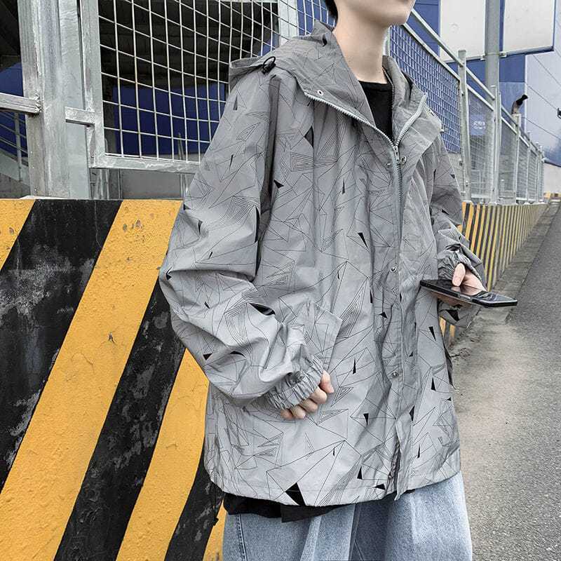 전체 반사 바람막이 남녀공용 용수철 방수 재킷, 하이 스트리트 힙합, 루즈 후드 코트, 가을, 2023
