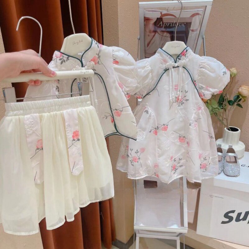 Girls' New Product2024Summer Children's National Style Bubble Sleeve Flower Stand Collar Suit Vintage Floral Dress-WSNY