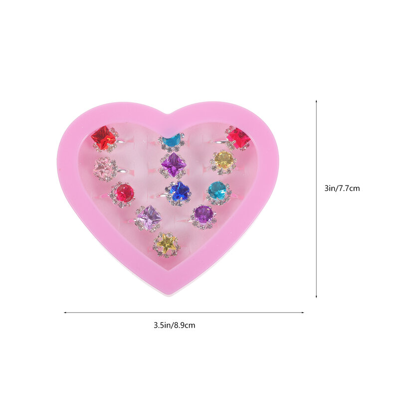 Juego de anillos de Diamante coloridos con caja en forma de corazón para niños y niñas, bonitos anillos de maternidad pequeños, regalo para niños, 12 piezas