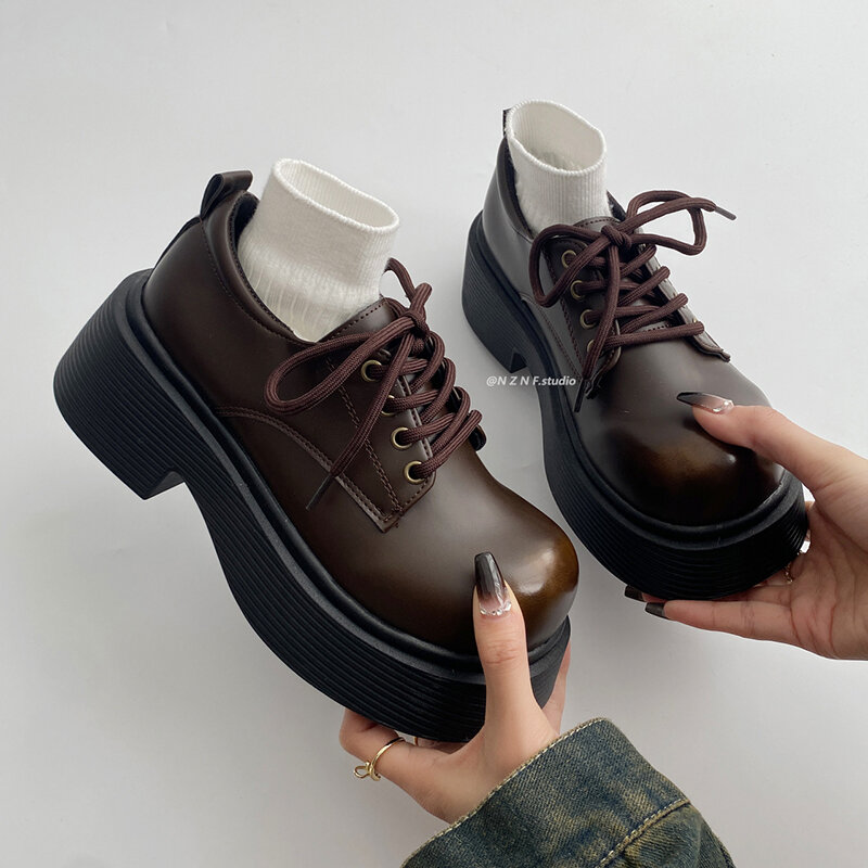 Shoes Woman 2024 Clogs Platform Autumn Oxfords British Style Female Footwear Round Toe Casual Sneaker New On Heels Creepers Retr