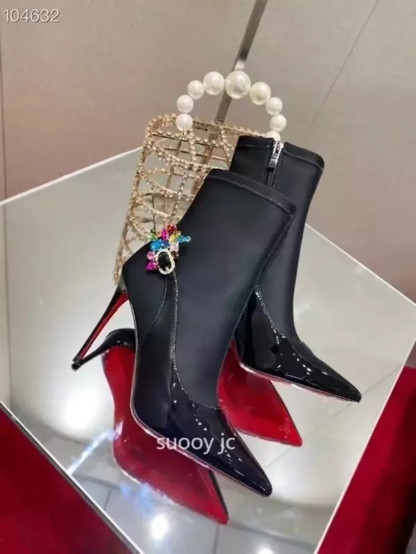 Sapatos femininos de sola vermelha cristal, botas de salto alto, botas sensuais pretas, moda luxo, marca