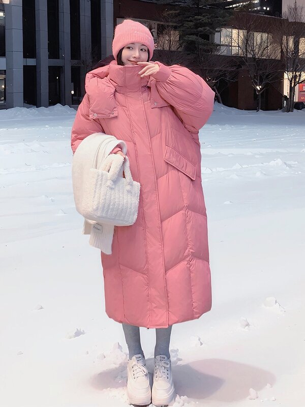Jaket bulu merah muda wanita, musim dingin panjang