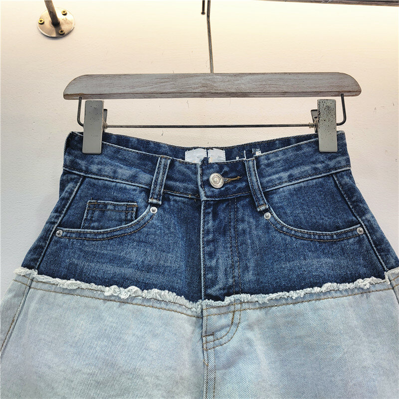 Super aen koreanische Loch Kontrast Jeans hose Frühling Sommer neue Hose mit hoher Taille weites Bein A-Linie kurz