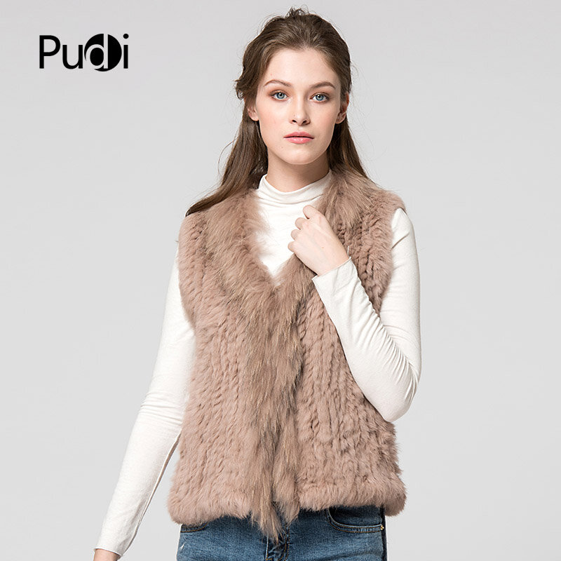 VT7008-Chaleco de piel de conejo Real Natural para mujer, chaqueta con cuello de piel de mapache, de punto para invierno