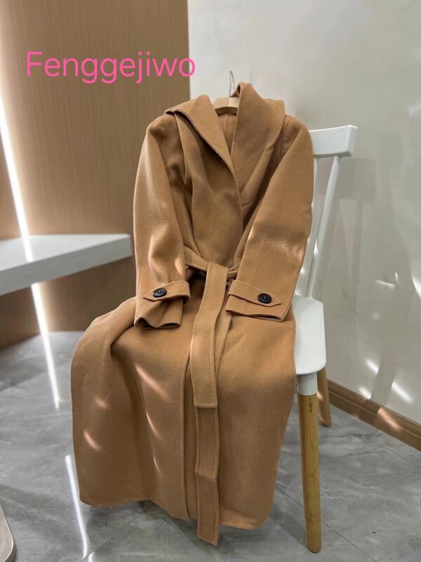 Fenggejiwo coat autumn and winter classic long lace up wool hooded coat jacket