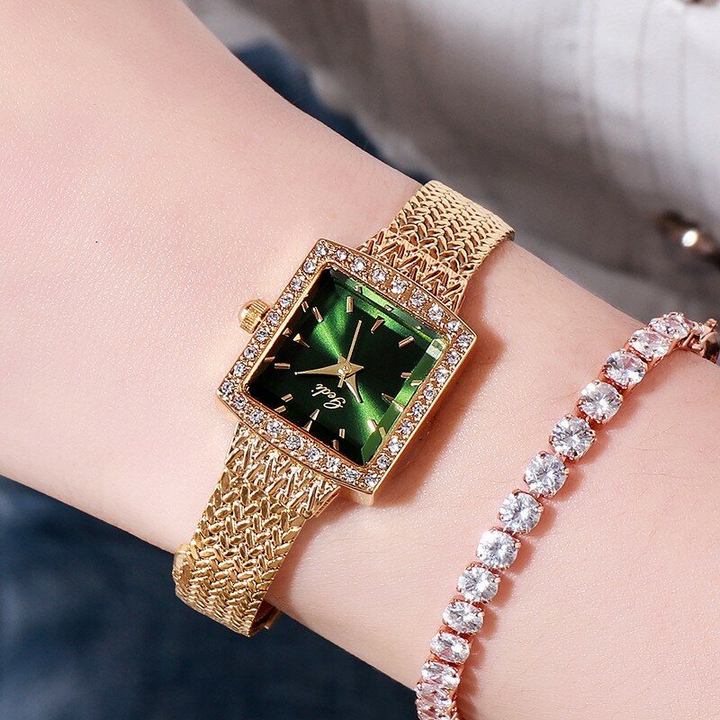 นาฬิกาข้อมือควอตซ์เกรดสูงสำหรับผู้หญิงสายรัดตาข่ายนาฬิกาผู้หญิงสี่เหลี่ยมประดับเพชรสุดหรู